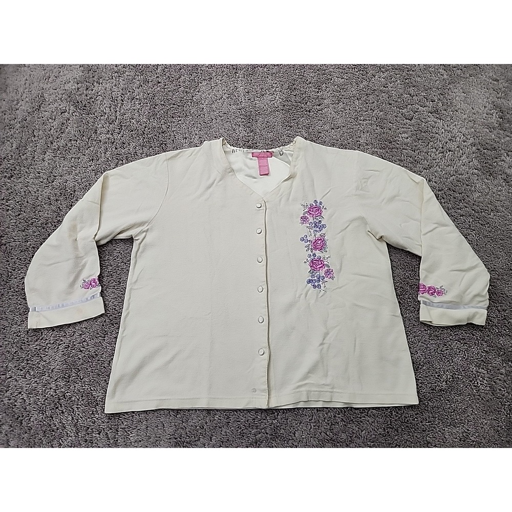 Rebecca Malone Cardigan Womens L Cream Floral Embroidered Button Up Vintage